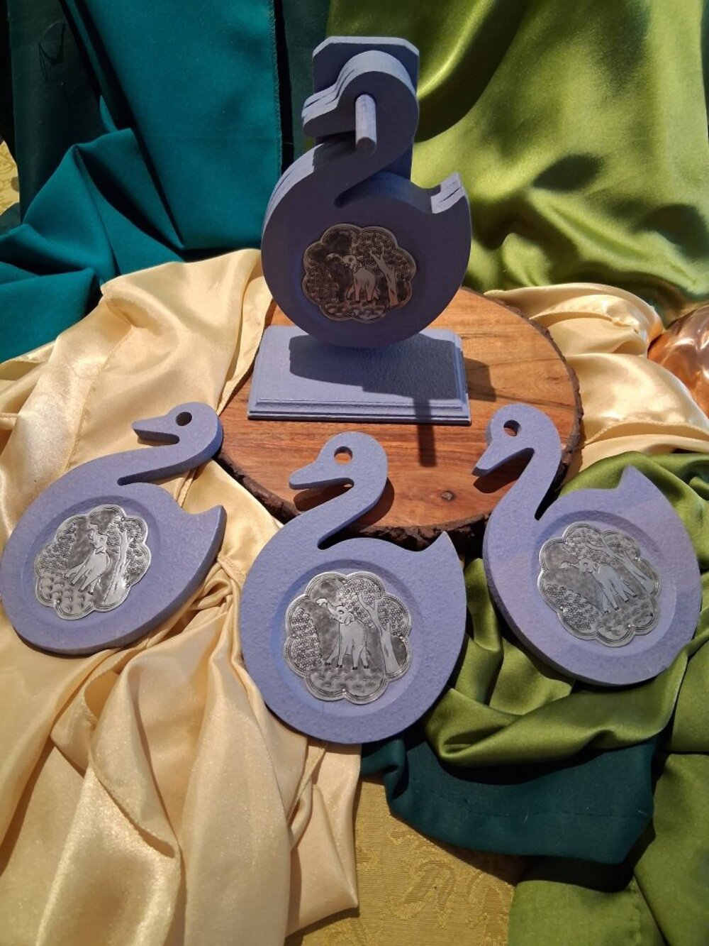 Vintage Retro Lavender Swan Coaster Set with Stand & Silver Elephant Inlays